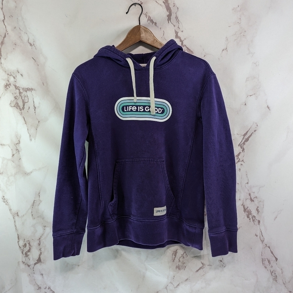 Life is Good Hoodie Womens Small Purple Cotton Pullover Sweatshirt Sweater